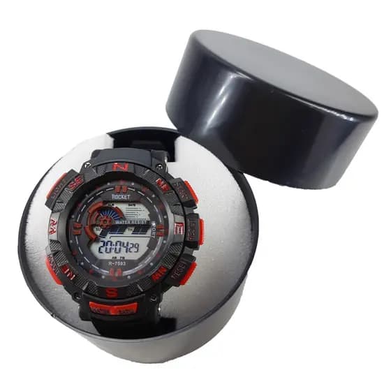 Relógio Masculino Esportivo Digital À Prova De Água 3 ATM Luz Metal Borracha Vermelha Quartz Cores Modelo Rocket R-7593 com caixa Amor Lindo