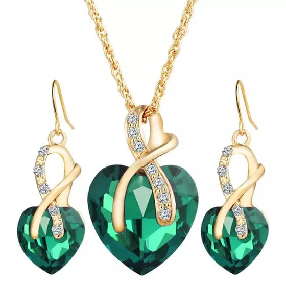 Conjunto De Colar E Brincos Formato de Coração com Pingente Dourado Presente Dia Dos Namorados Verde