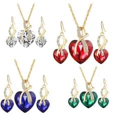Conjunto Colar E Brincos Formato de Coração com Pingente Dourado Presente Dia Namorados Verde/Vermelho/Azul/Cristal/Roxo