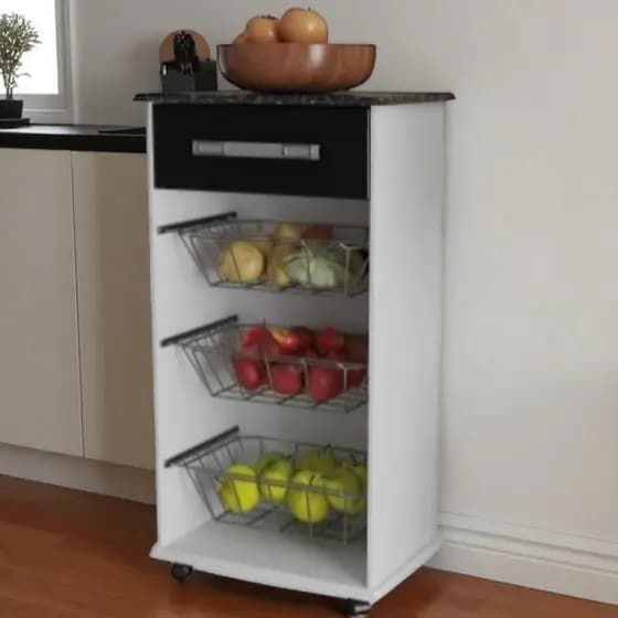 Fruteira De Cozinha Para Bebedouro C/ 3 Cestos Rodinhas -Cor Branco/ Preto/ Tampo Tipo Marm