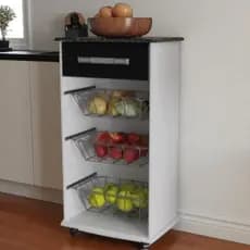 Fruteira De Cozinha Para Bebedouro C/ 3 Cestos Rodinhas -Cor Branco/ Preto/ Tampo Tipo Marm