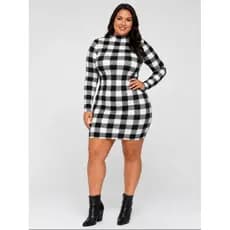 Vestido Xadrez Gola Alta Manga Longa Canelado Justo Modelador Curto Inverno Feminino