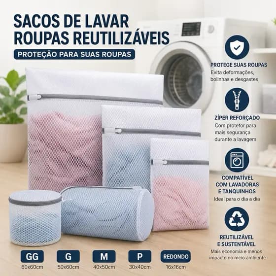 5 Saco Bolsa Lavar Roupa Reutilizáveis  Zíper Reforçado