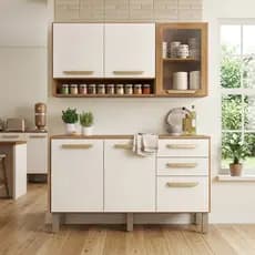 Cozinha Compacta Athenas Balcão e Aéreo Condimentos 5 Portas 2 Gavetas e Porta de Vidro