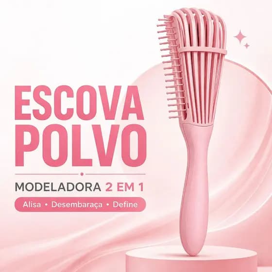 Escova Polvo Modeladora 2em1 para todos os tipos de cabelo - Desembaraça e Finaliza Cachos