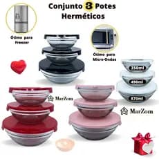 Conjunto 3 Pote de Vidro Hermetico com Tampa - Tigela Vasilha de Vidro com Tampa - Cambuca Marmita de Vidro com Tampa Plástico com Trava para Microondas Geladeira Freezer - Pote de com Tampa