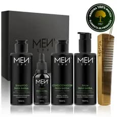 Kit Barba Completo: Shampoo Esfoliante + Balm + Condicionador + Óleo + Pente de Madeira Maciça Menspa