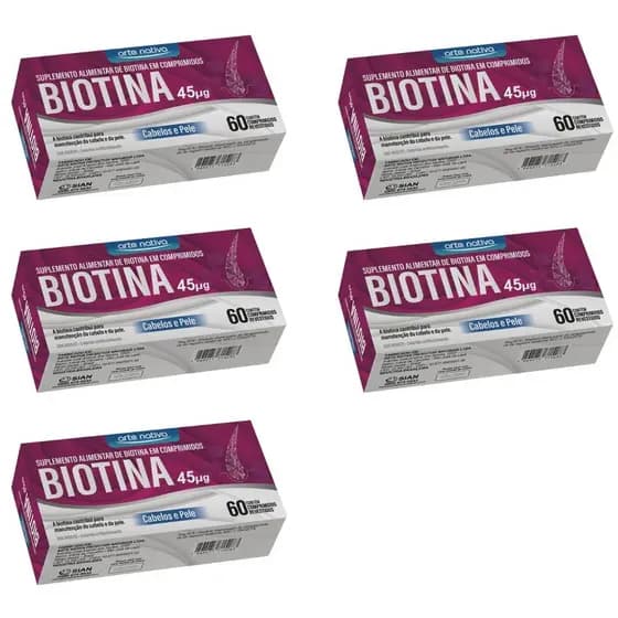 Kit 5 Biotina 45mcg 60 Comprimidos cada - Arte Nativa, Suplemento Alimentar para Cabelo e Pele