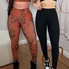 Calça Leg Fitness Academia Preta e Estampada Cós Alto Costura Reforçada