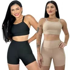 Kit 2 Conjunto de Academia Feminino Short e Top Fitness Cós Alto Reforçado