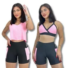KIT 3 Peças Short com Bolso Top e Blusa Baby Look Dryfit Fitness Conjunto Academia