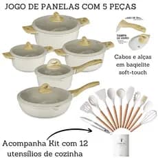 Jogo De Panelas 5 Peças Antiaderente Indução Gás Conjunto Revestido Cerâmica + Kit Utensílios De Cozinha 12 Peças