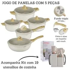 Jogo De Panelas 5 Peças Antiaderente Indução Gás Conjunto Revestido Cerâmica + Kit Utensílios De Cozinha 19 Peças