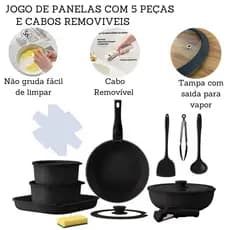 Jogo De Panelas 5 Peças Antiaderente Indução Gás Conjunto Revestido Cerâmica Granito