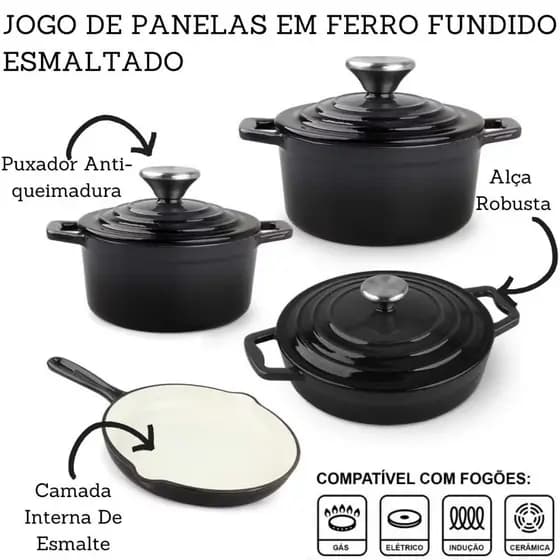 Jogo De Panelas 4 Peças Ferro Fundido Esmaltado Indução Gás Conjunto  Caçarola Frigideira