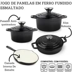 Jogo De Panelas 4 Peças Ferro Fundido Esmaltado Indução Gás Conjunto  Caçarola Frigideira