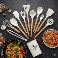 ​Jogo De Utensílios Cozinha 12 Peças Silicone Premium E Madeira