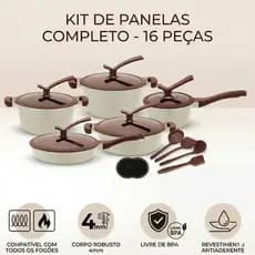 Conjunto Jogo De Panelas Antiaderente Revestido em Cerâmica Gás Indução 16 Peças