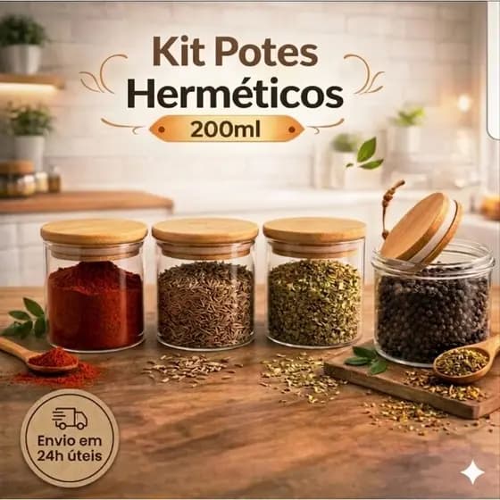 Kit 3, 6 ou 9 Porta Tempero Pote De Vidro Hermético Tampa De Bambu 200ml Organizador De Cozinha Condimentos