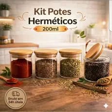 Kit 3, 6 ou 9 Porta Tempero Pote De Vidro Hermético Tampa De Bambu 200ml Organizador De Cozinha Condimentos