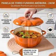 ​Panela de Ferro Fundido Esmaltada Formato Abóbora Laranja 24cm - Alta Retenção de Calor