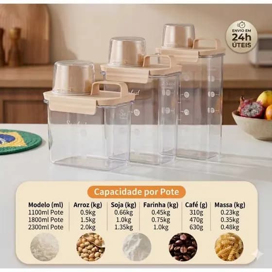Pote Hermético Porta Mantimentos Com Dosador E Alça Multiuso Organizador De Cozinha (1100ML/ 1800ML/ 2300ML)