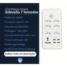 Extensão Filtros de Linha Portátel De 6 Tomadas Com 4 Usb 1 Tomada Univesal Branco Bivolt 2 Metros Régua UC07