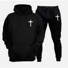 Conjunto Moletom Calça + Blusa Estampa Cruz Cristã Frio Algodão Flanelado com Capuz Gospel