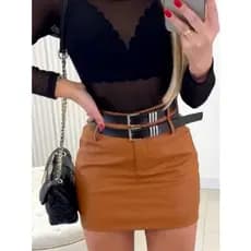 Saia De Couro Feminina com Dois Cintos Shorts Saia/ Saia Com Shorts Embutido