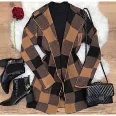 CASACO FEMININO TRICÔ KIMONO ESTAMPA XADREZ TIPO CARGIGAM
