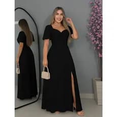 vestido longo elegante com manga flare forrado fenda e decote em v