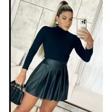 saia courino plissada estilo colegial saia curta couro fake