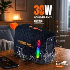 Caixa de Som Bluetooth Portátil LED 30W Prova D'agua com Alça Eletromex 🔊✨