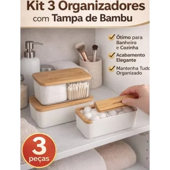 caixa cesto organizador tampa de bambu 3 Pçs Paramout