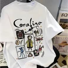 Camiseta Feminina Casual Blusa Estampa Desenho Animado Coraline Filme de Terror T-shirt Moda Geek