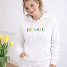 Moletom Feminino Brasil Canguru Blusa De Frio Algodão Casaco Capuz Bolso Blusão Seleção Brasileira