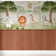 Papel de Parede Safari com Ripas de Madeira adesivas - Personalizado com Nome - Decoração Quarto Infantil Menino/Bebê