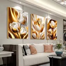 Quadros Decorativos Quarto Sala Flor Tulipa Branca Dourada Ouro Trio 3 Peças