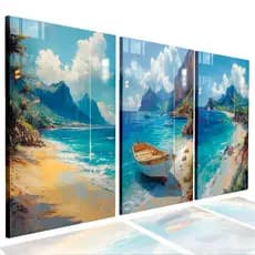 Quadros Decorativo Sala Quarto Praia Barco Mar Céu Azul Areia