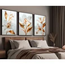 Quadro Decorativo Sala Quarto Flor Flores Dourada Pétalas Branca Luxo