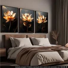 Quadro Decorativo Sala Quarto Flor Peônia Dourado Amarelo Flores Douradas Luxo