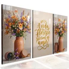Quadro Decorativo Sala Quarto Vida Floresce Com Amor Vasos Flores Decoração