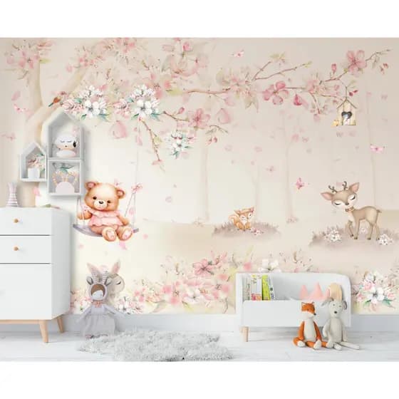 Papel De Parede Adesivo Decorativo Balanço Ursinha Flores Quarto Menina Delicado Jardim
