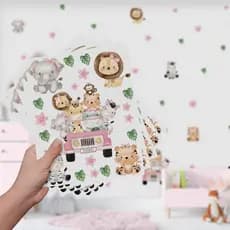 Adesivo De Recorte Safari Animais Papel De Parede Infantil Quarto Menina Carrinho Rosa