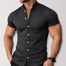 Camisa Masculina Social Gola Padre Casual Tipo Linho Algodão Manga Curta Moda Luxo