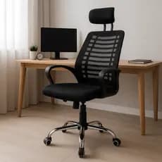 Cadeira De Escritório Presidente Alta Estofada Giratória Ergonômica Tecido Tela Mesh Ribs Preta