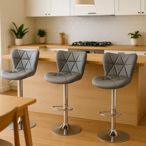 Kit 03 Banquetas Altas Estofadas para Cozinha Ilha Bancada Gourmet Giratória Formiga Cinza