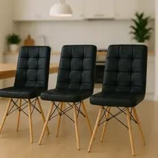 Conjunto 3 Cadeiras Estofadas Confortável Para Mesa De Jantar Cozinha Charles Eames Gomos Preta