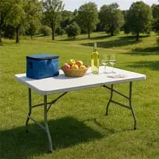 Mesa Dobrável Portátil Plástico Maleta com Alça 152x70cm para Camping Churrasco Praia Branco