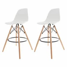 Kit 2 Banquetas Altas Cozinha Americana Ilha Charles Eames Eiffel Branca Base Madeira Wood